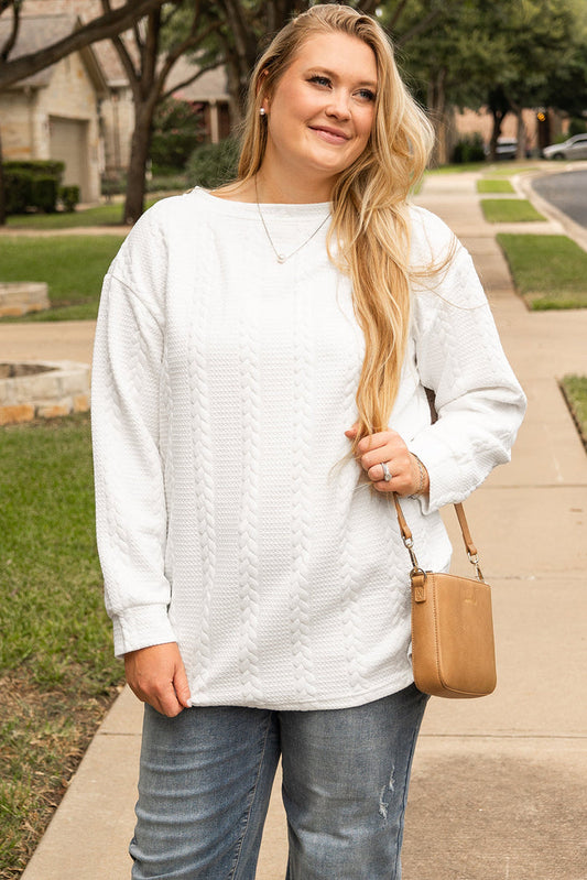 White Cable Textured Loose Plus Size Sweatshirt - WHITE / 1X / 97% POLYESTER + 3% ELASTANE - Size/Plus Sweatshirts &