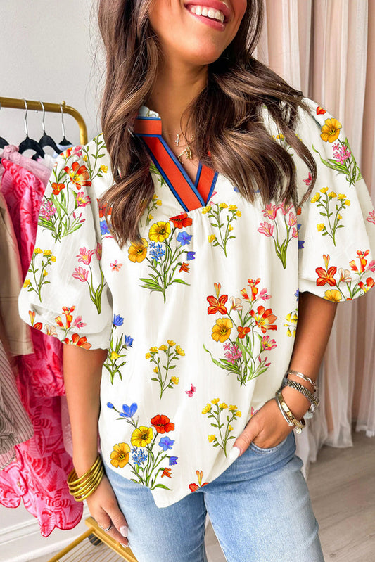 White Floral Short Puff Sleeve Contrast V Neck Print Blouse - S / 100% Polyester - Tops/Blouses & Shirts