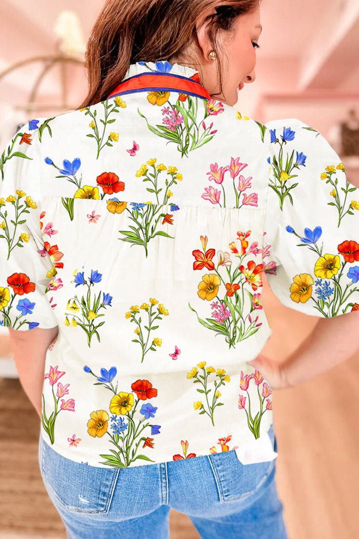 White Floral Short Puff Sleeve Contrast V Neck Print Blouse - Tops/Blouses & Shirts