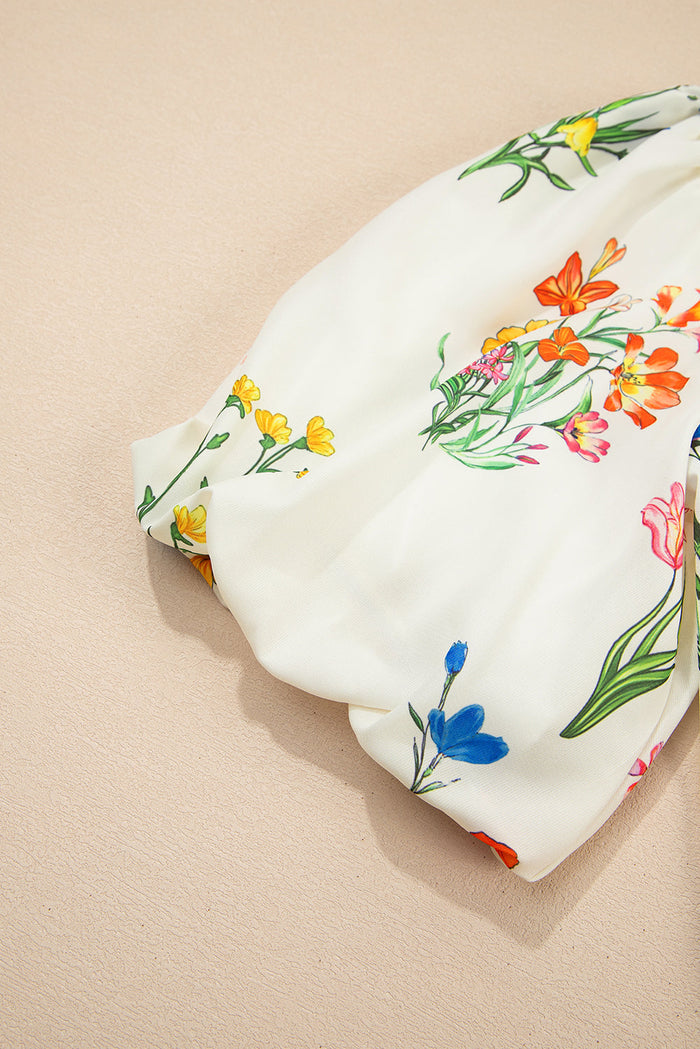 White Floral Short Puff Sleeve Contrast V Neck Print Blouse - Tops/Blouses & Shirts