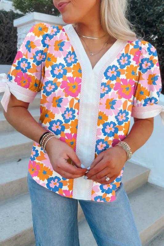 White Floral Striped Edge V Neck Knotted Short Sleeve Blouse - S / 100% Cotton - Tops/Blouses & Shirts