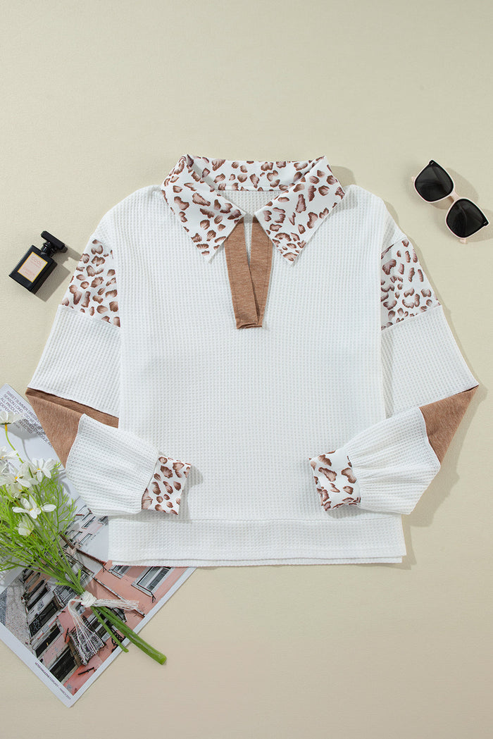 White Leopard Patchwork Turn-down Collar Waffle Top - Tops/Long Sleeve Tops