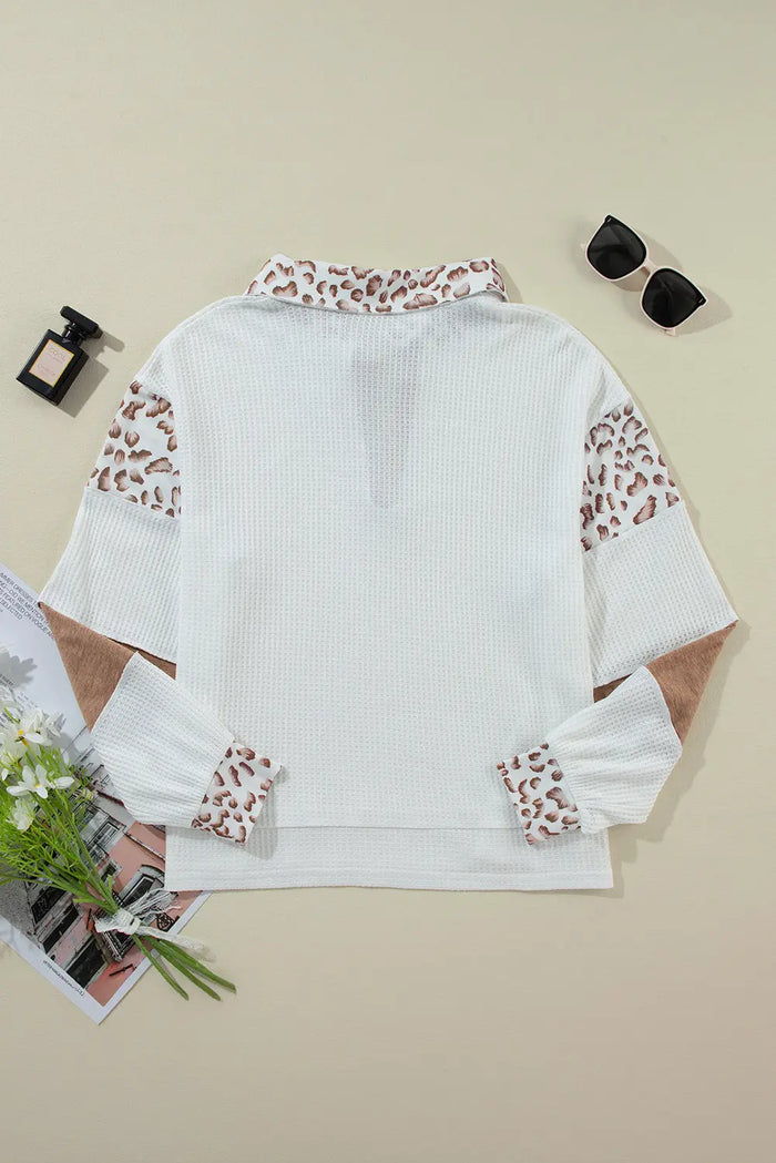 White Leopard Patchwork Turn-down Collar Waffle Top - Tops/Long Sleeve Tops