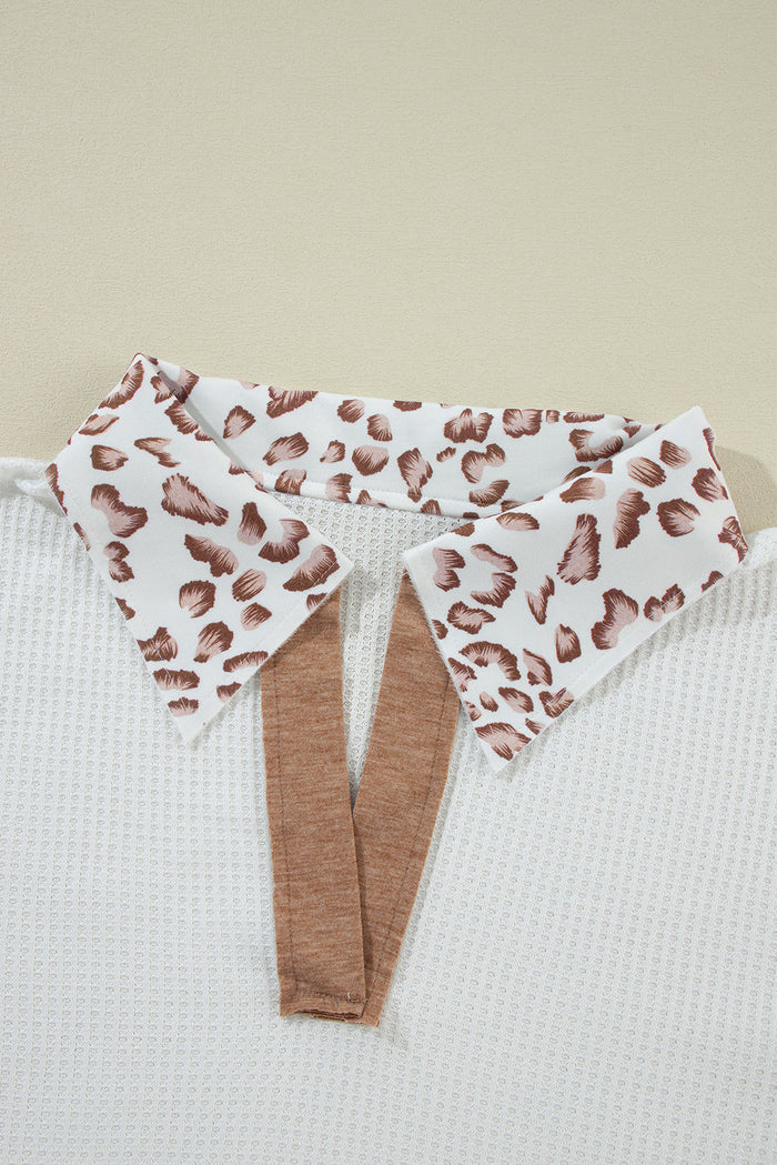 White Leopard Patchwork Turn-down Collar Waffle Top - Tops/Long Sleeve Tops