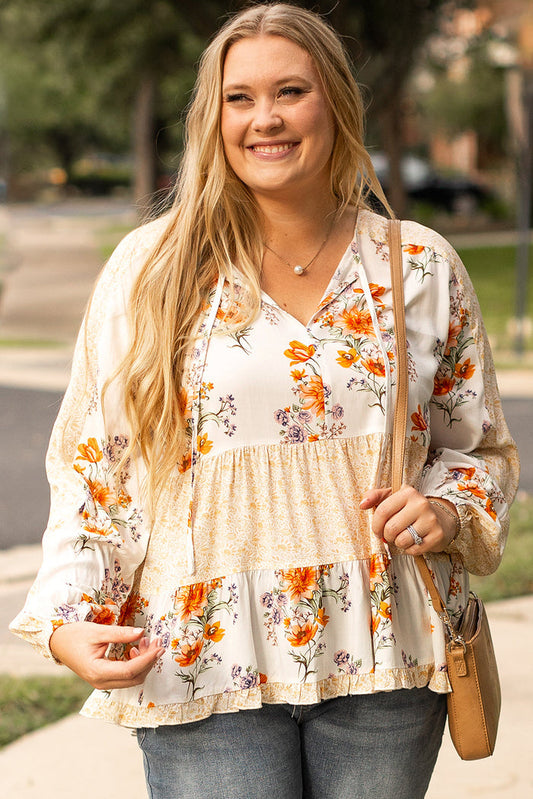 White Plus Size Floral Print V Neck Puff Sleeve Blouse - WHITE / 1X / 100% VISCOSE - Size/Plus Tops/Plus Blouses &