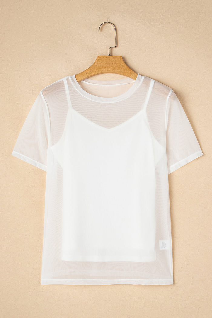 White Solid Colour Sheer Mesh Patchwork Short Sleeve Top - Tops/Tops & Tees