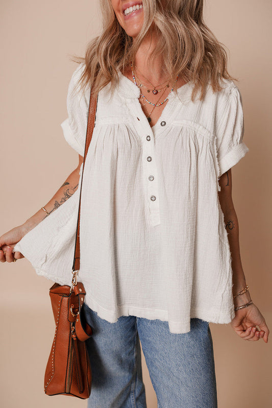 White Textured Short Sleeve Buttons Frayed Blouse - S / 100% Cotton - Tops/Blouses & Shirts