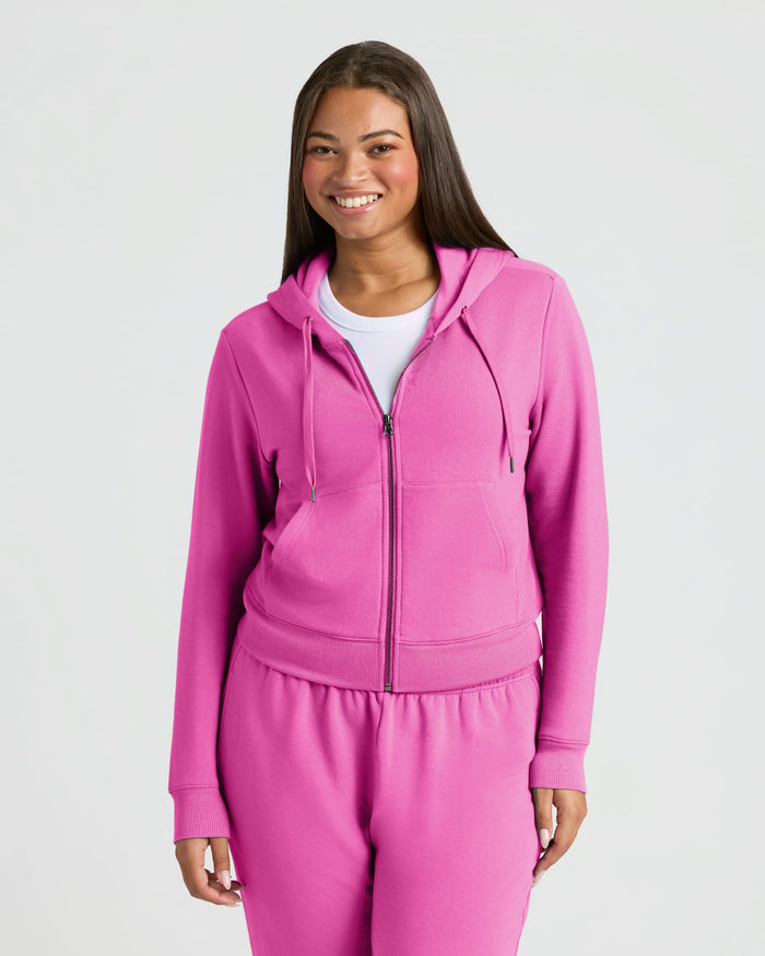Wearing Womens Electric Fuchsia Crop Zip Hoodie & Relaxed Jogger 2-Pack. MODEL_INFO: Jade is 5'9", wearing a size L