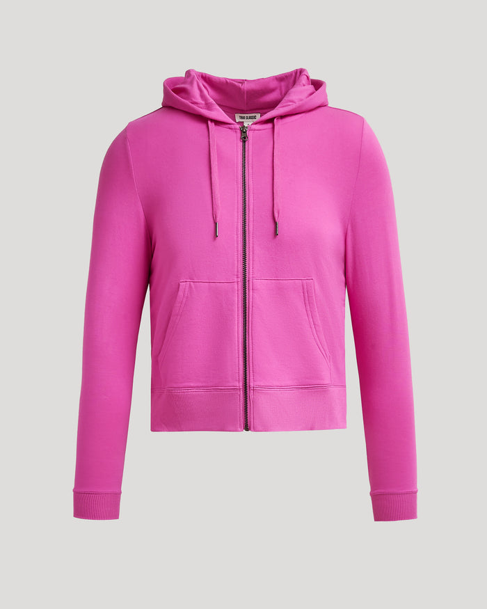 Womens Electric Fuchsia Crop Zip Hoodie with kangaroo pocket and drawstring hood.