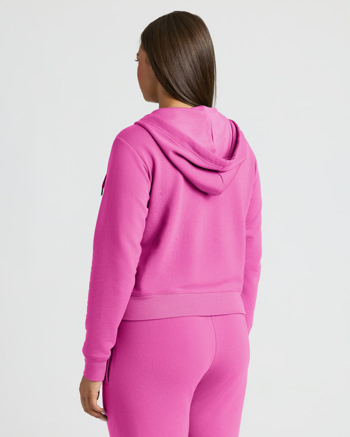 Womens Electric Fuchsia Crop Zip Hoodie & Relaxed Jogger 2-Pack, back view.