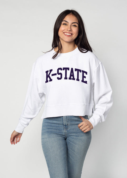Kansas State Wildcats Women's White Relaxed Premium cotton corded fleece Sweatshirt with Super soft hand feel, vintage wash, side slits and ribbed crew neckline, cuffs, and hemline