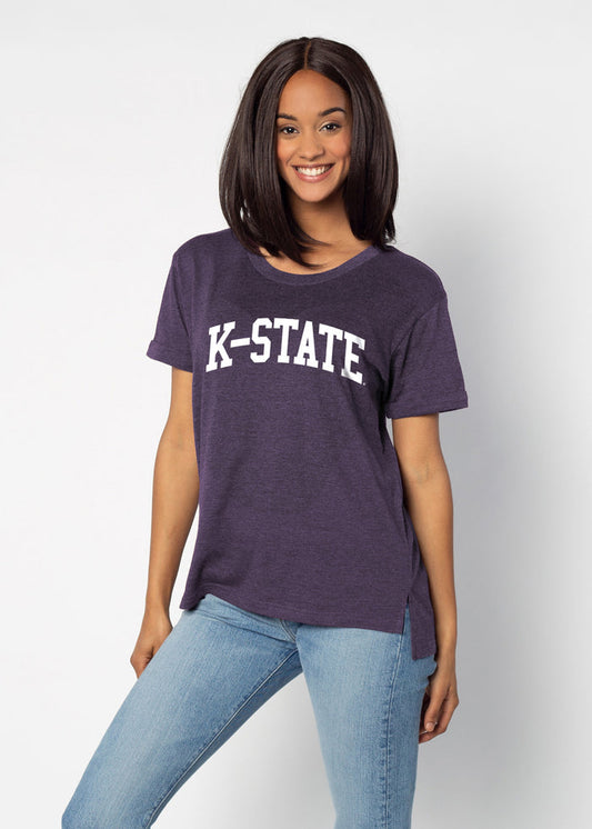 Kansas State Wildcats Women's Purple Relaxed Melange light-weight cotton-poly  with Ribbed scoop neck, short rolled sleeves, and a longer back hem for extra coverage.