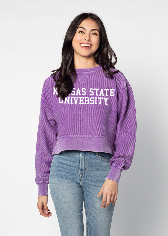 Kansas State Wildcats Women's Purple Relaxed Premium cotton corded fleece Sweatshirt with Super soft hand feel, vintage wash, side slits and ribbed crew neckline, cuffs, and hemline