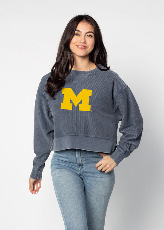 Michigan Wolverines Women's Navy Relaxed Premium cotton corded fleece Sweatshirt with Super soft hand feel, vintage wash, side slits and ribbed crew neckline, cuffs, and hemline