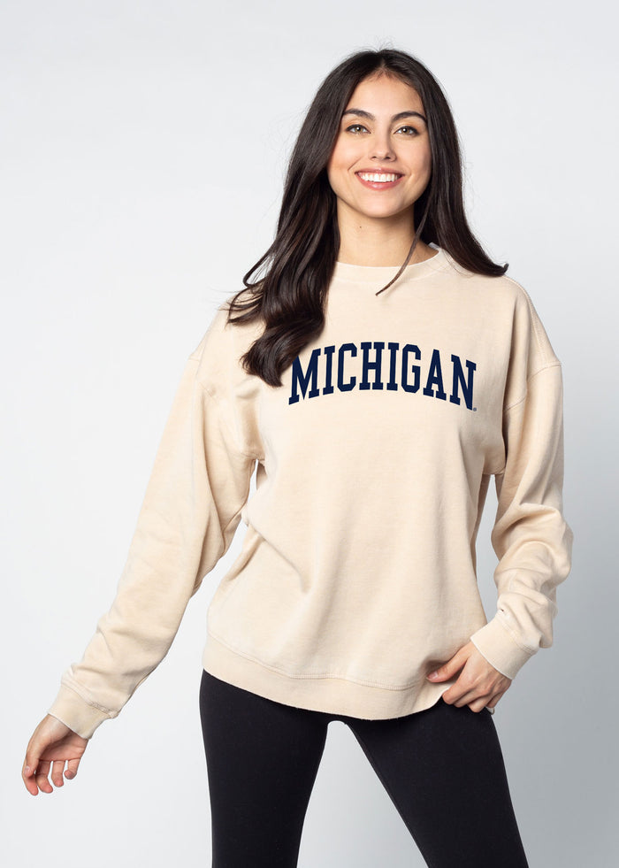 Michigan Wolverines Unisex Oatmeal Oversized Burnout fleece Sweatshirt with Ribbed crew neckline, cuffs, hem, dropped shoulders and relaxed bottom hem
