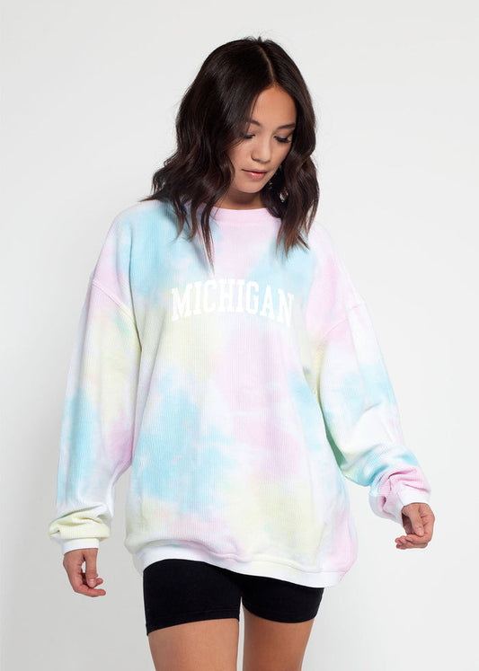 Michigan Wolverines Unisex Rainbow-Tie-Dye Oversized Premium cotton corded fleece Sweatshirt with Super soft hand feel, vintage wash and ribbed crew neckline, cuffs, and hemline