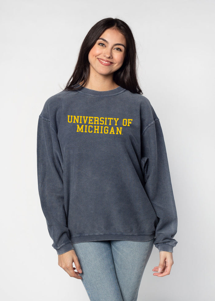Michigan Wolverines Unisex Navy Oversized Premium cotton corded fleece Sweatshirt with Super soft hand feel, vintage wash and ribbed crew neckline, cuffs, and hemline