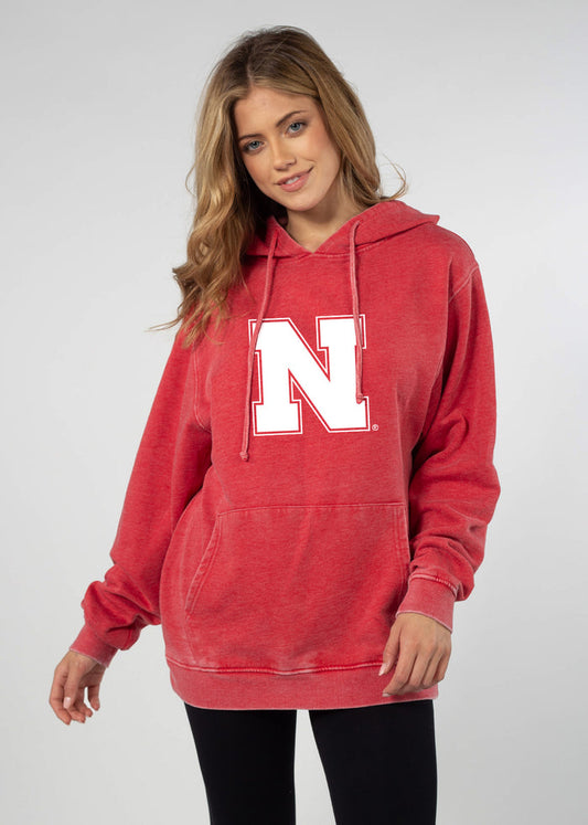 Nebraska Cornhuskers Unisex Cardinal Relaxed Burnout fleece Hoodie with Kangaroo pocket, drop shoulders, lived-in look and feel