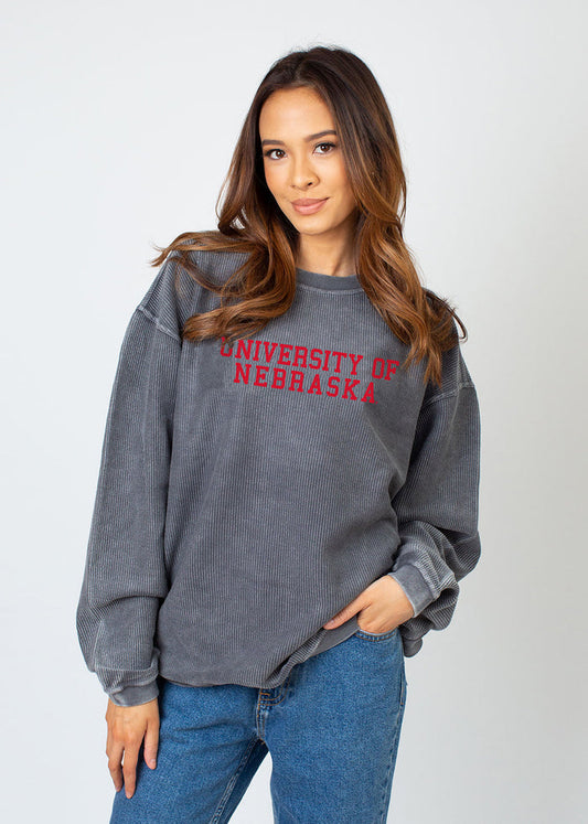 Nebraska Cornhuskers Unisex Charcoal Oversized Premium cotton corded fleece Sweatshirt with Super soft hand feel, vintage wash and ribbed crew neckline, cuffs, and hemline