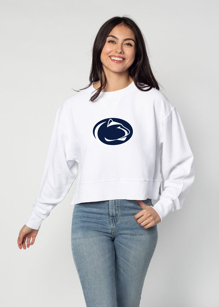 Penn State Nittany Lions Women's White Relaxed Premium cotton corded fleece Sweatshirt with Super soft hand feel, vintage wash, side slits and ribbed crew neckline, cuffs, and hemline