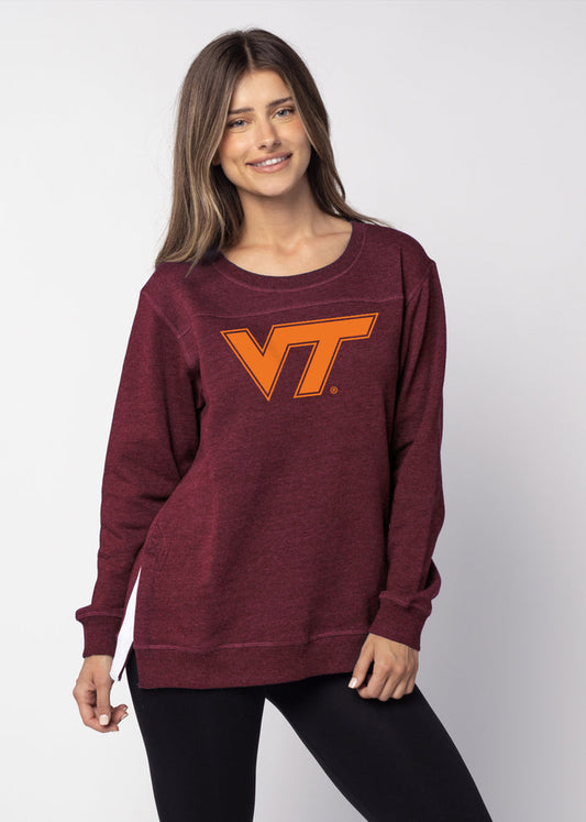 Virginia Tech Hokies Women's Maroon  Feathered fleece  with Long side slits finished with white twill tape and front yoke seam