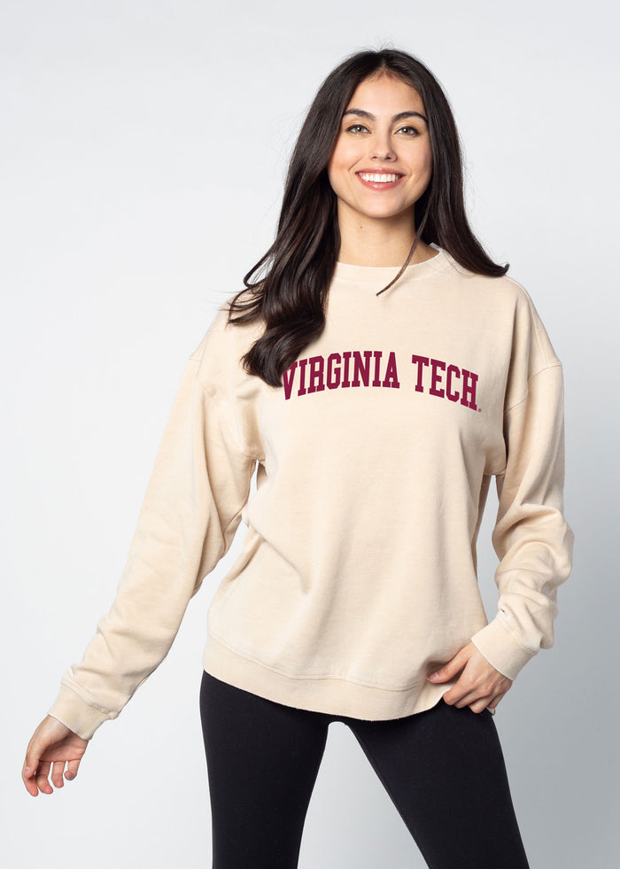 Virginia Tech Hokies Unisex Oatmeal Oversized Burnout fleece Sweatshirt with Ribbed crew neckline, cuffs, hem, dropped shoulders and relaxed bottom hem
