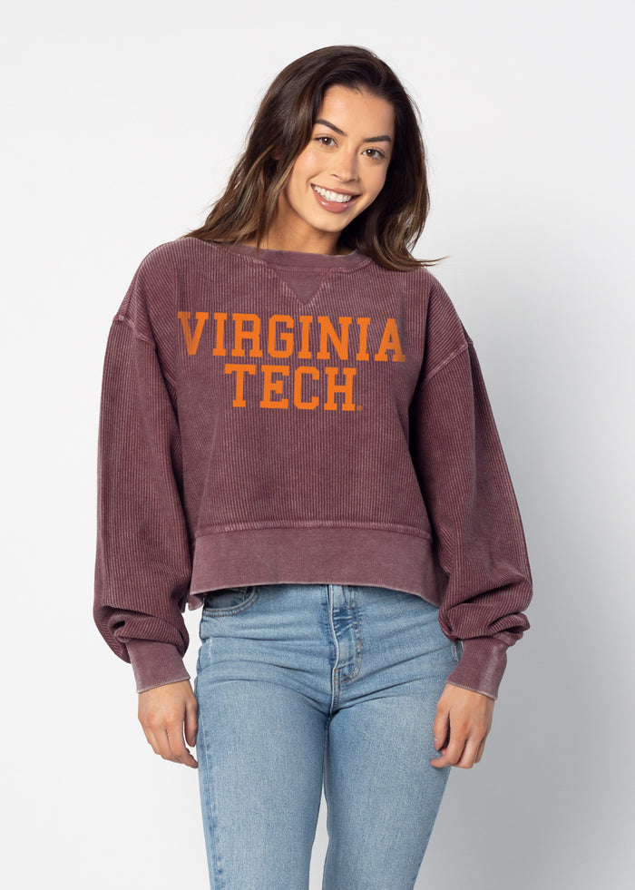 Virginia Tech Hokies Women's Maroon Relaxed Premium cotton corded fleece Sweatshirt with Super soft hand feel, vintage wash, side slits and ribbed crew neckline, cuffs, and hemline