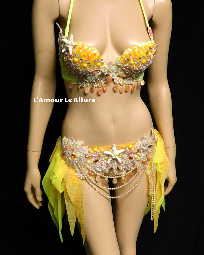 Yellow and Orange Pearl Sequin Scale Mermaid Bra and Skirt