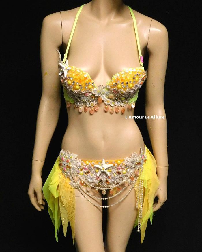 Yellow and Orange Pearl Sequin Scale Mermaid Bra and Skirt