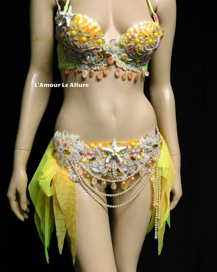 Yellow and Orange Pearl Sequin Scale Mermaid Bra and Skirt