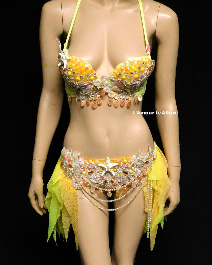 Yellow and Orange Pearl Sequin Scale Mermaid Bra and Skirt
