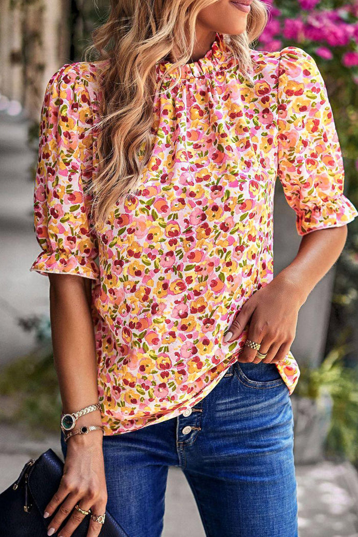 Yellow Boho Floral Ruffle Short Sleeve Frill Mock Neck Blouse - Tops/Blouses & Shirts