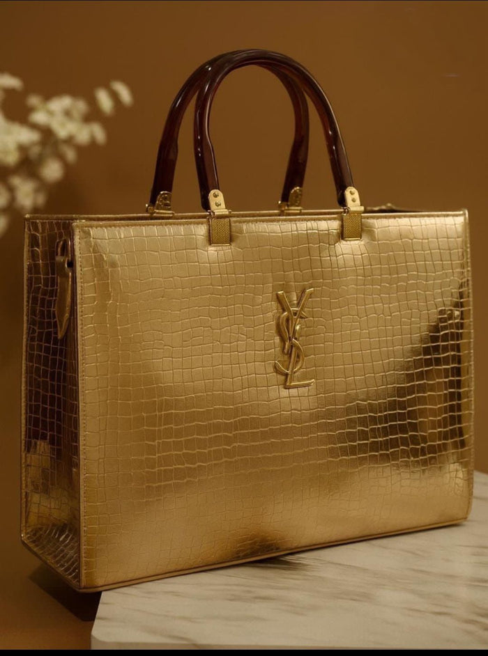 YSL Inspired Croc-Textured Black Leather Tote Bag