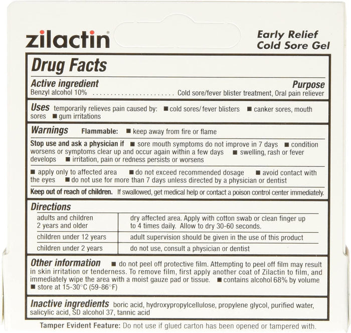 Zilactin Cold Sore Gel, Medicated Gel - 0.25 OzGel (Pack of 2)